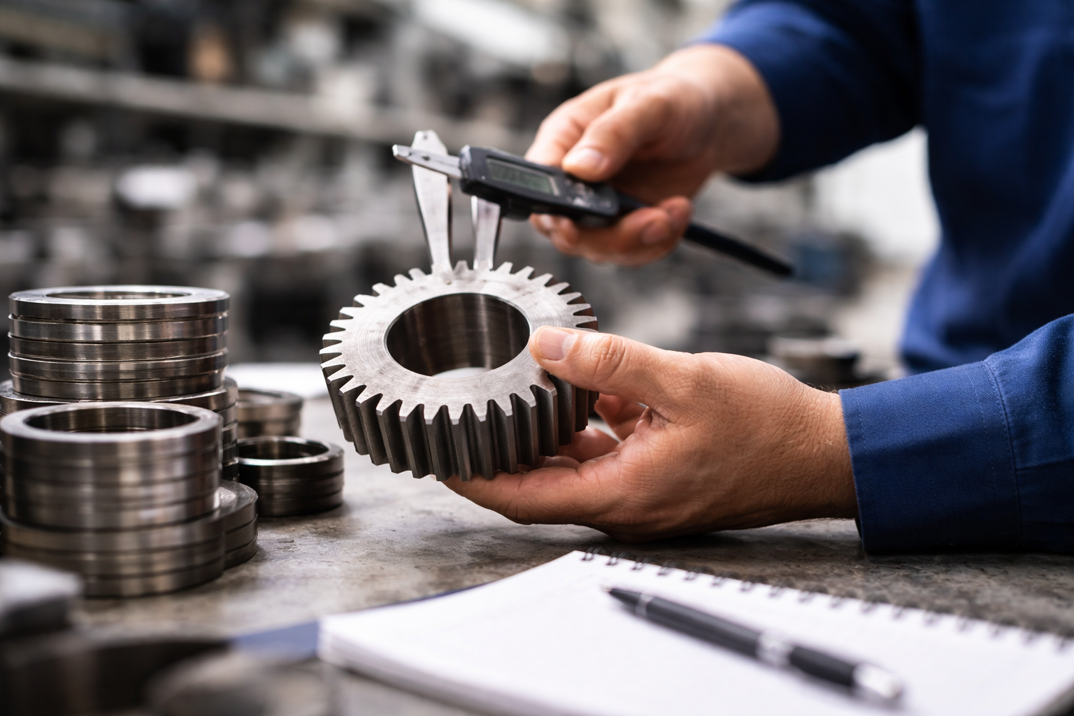 Messung eines Zahnrads in der Produktion als Symbol für steuerliche Beratung von Industrie- und Produktionsunternehmen durch die Dr. Hollmann Steuerberatungsgesellschaft mbH.